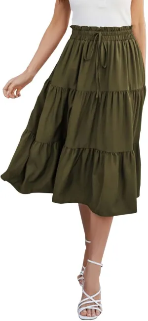 Womens Boho A Line Midi Skirt Pleated Elastic Waist Tiered Summer Casual Trendy Comfy Long Skirts