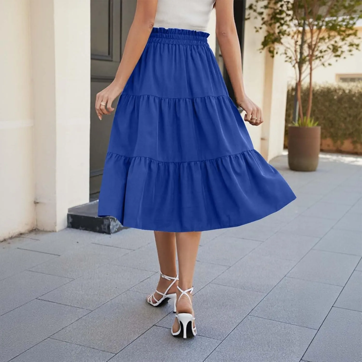 Womens Boho A Line Midi Skirt Pleated Elastic Waist Tiered Summer Casual Trendy Comfy Long Skirts