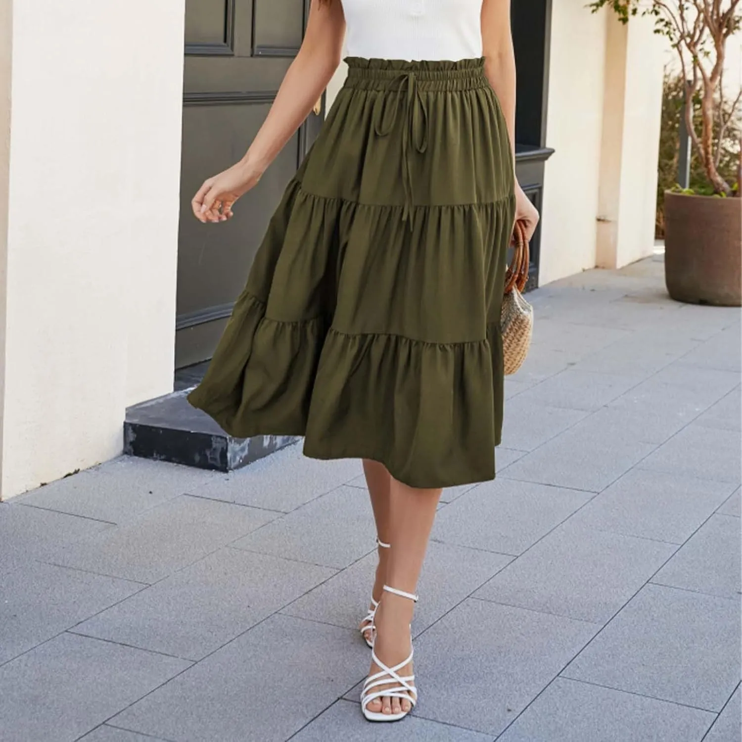 Womens Boho A Line Midi Skirt Pleated Elastic Waist Tiered Summer Casual Trendy Comfy Long Skirts