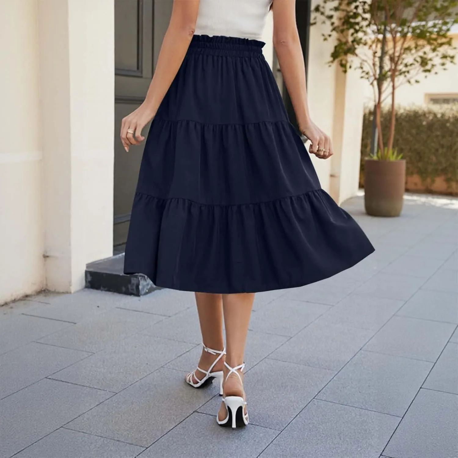 Womens Boho A Line Midi Skirt Pleated Elastic Waist Tiered Summer Casual Trendy Comfy Long Skirts