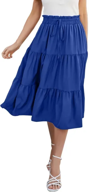 Womens Boho A Line Midi Skirt Pleated Elastic Waist Tiered Summer Casual Trendy Comfy Long Skirts