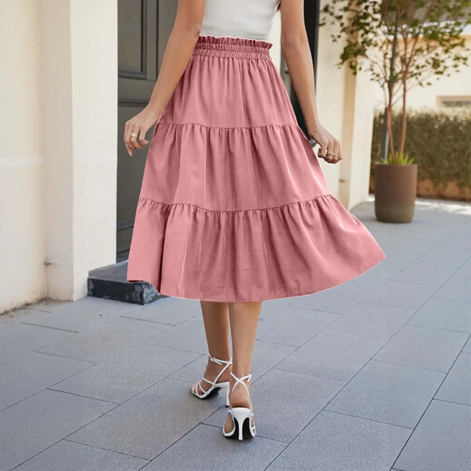 Womens Boho A Line Midi Skirt Pleated Elastic Waist Tiered Summer Casual Trendy Comfy Long Skirts