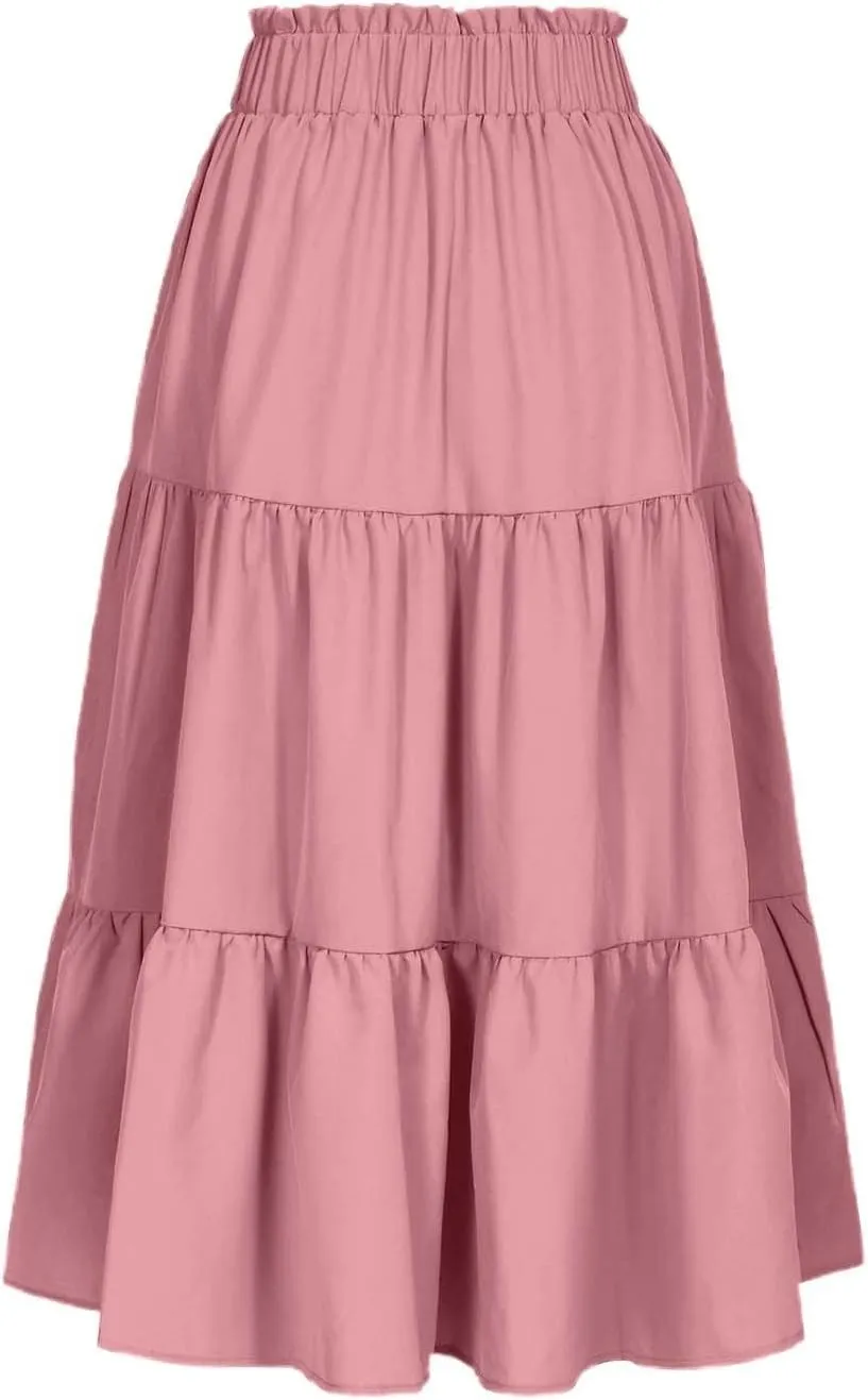 Womens Boho A Line Midi Skirt Pleated Elastic Waist Tiered Summer Casual Trendy Comfy Long Skirts