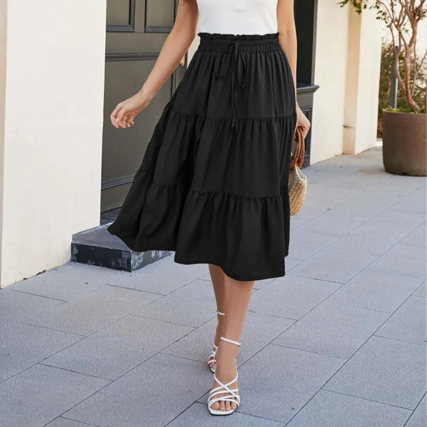Womens Boho A Line Midi Skirt Pleated Elastic Waist Tiered Summer Casual Trendy Comfy Long Skirts
