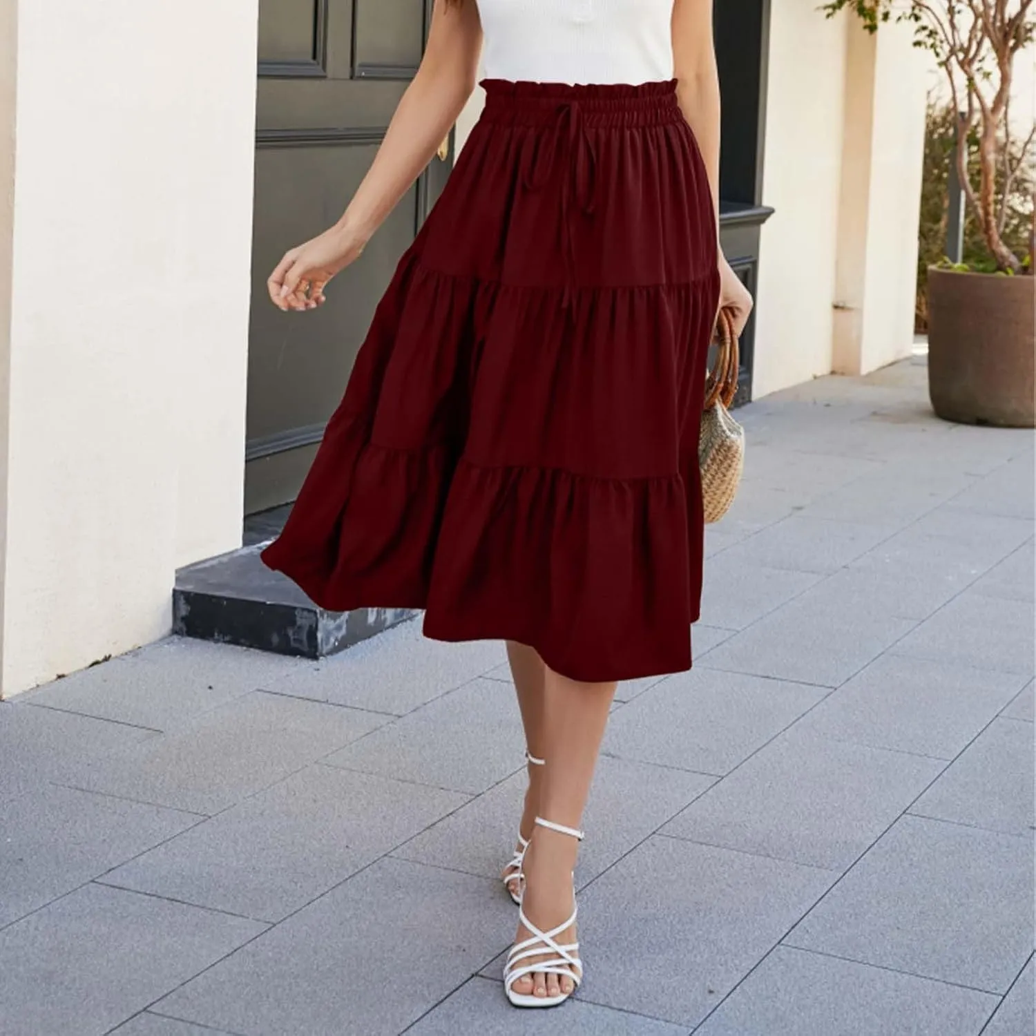 Womens Boho A Line Midi Skirt Pleated Elastic Waist Tiered Summer Casual Trendy Comfy Long Skirts