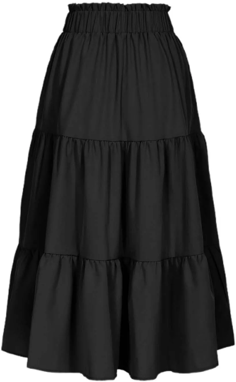 Womens Boho A Line Midi Skirt Pleated Elastic Waist Tiered Summer Casual Trendy Comfy Long Skirts