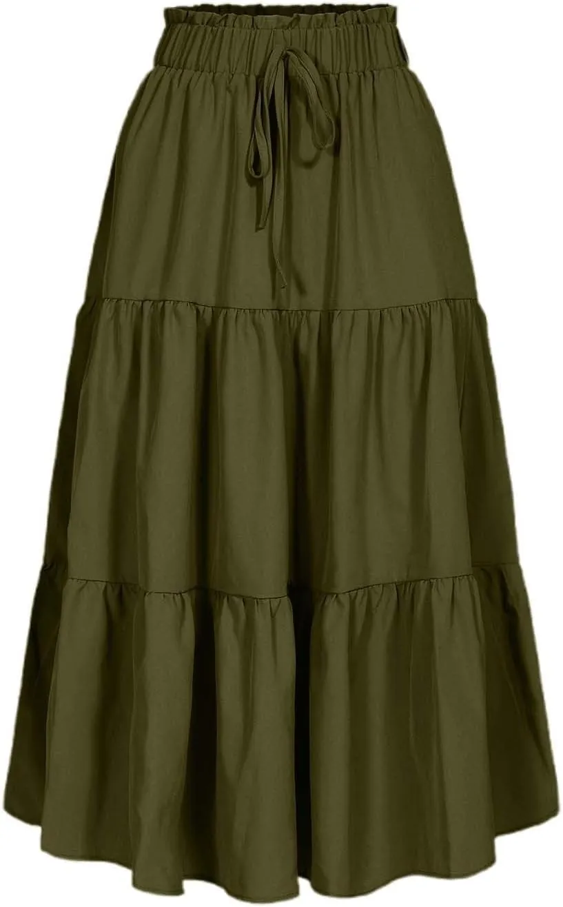 Womens Boho A Line Midi Skirt Pleated Elastic Waist Tiered Summer Casual Trendy Comfy Long Skirts