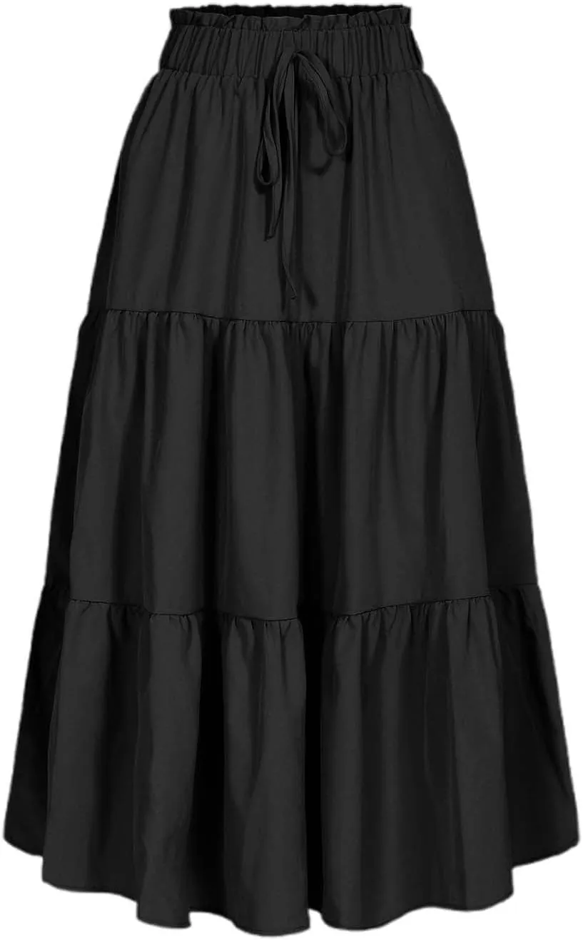 Womens Boho A Line Midi Skirt Pleated Elastic Waist Tiered Summer Casual Trendy Comfy Long Skirts