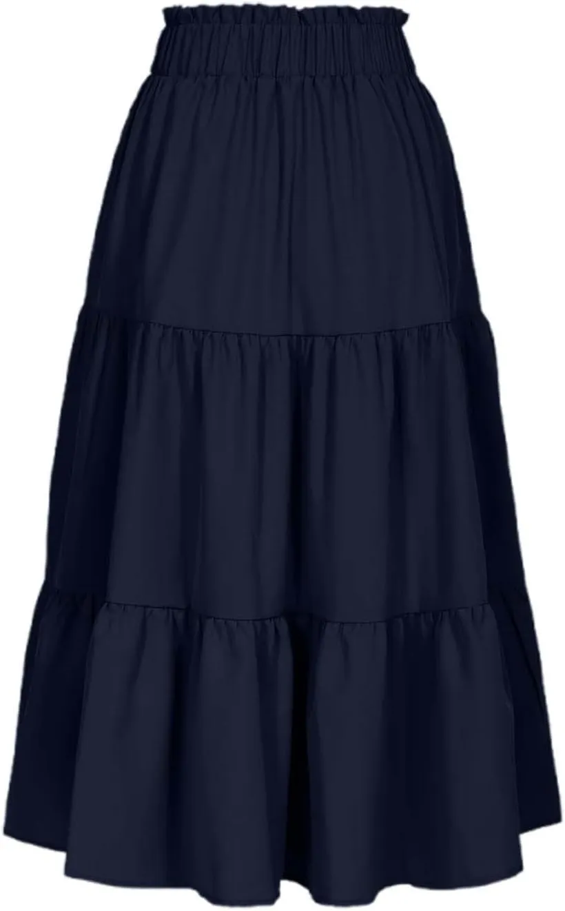 Womens Boho A Line Midi Skirt Pleated Elastic Waist Tiered Summer Casual Trendy Comfy Long Skirts