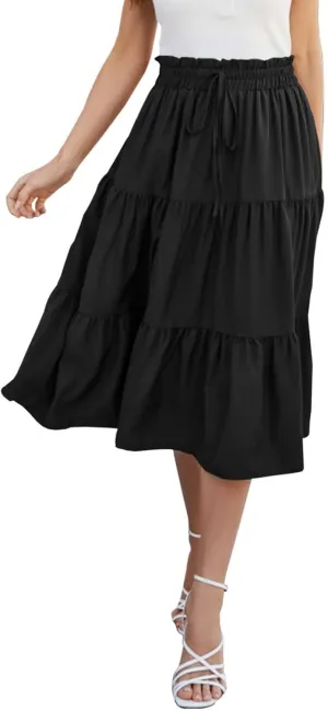 Womens Boho A Line Midi Skirt Pleated Elastic Waist Tiered Summer Casual Trendy Comfy Long Skirts