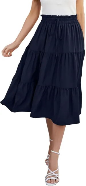 Womens Boho A Line Midi Skirt Pleated Elastic Waist Tiered Summer Casual Trendy Comfy Long Skirts