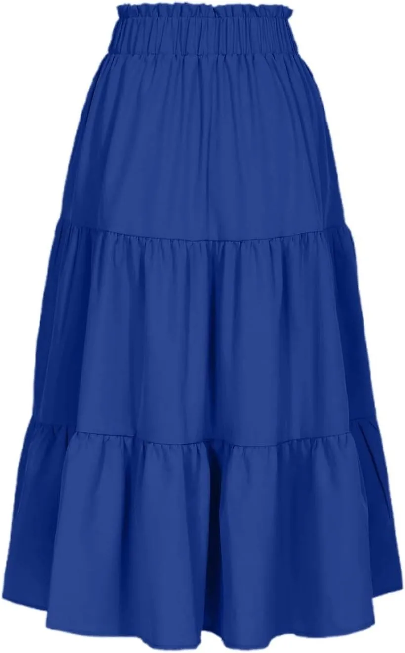 Womens Boho A Line Midi Skirt Pleated Elastic Waist Tiered Summer Casual Trendy Comfy Long Skirts