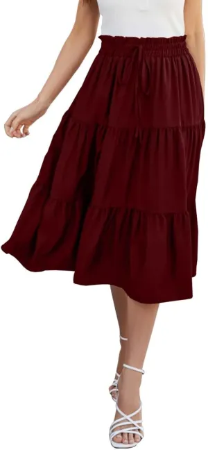 Womens Boho A Line Midi Skirt Pleated Elastic Waist Tiered Summer Casual Trendy Comfy Long Skirts