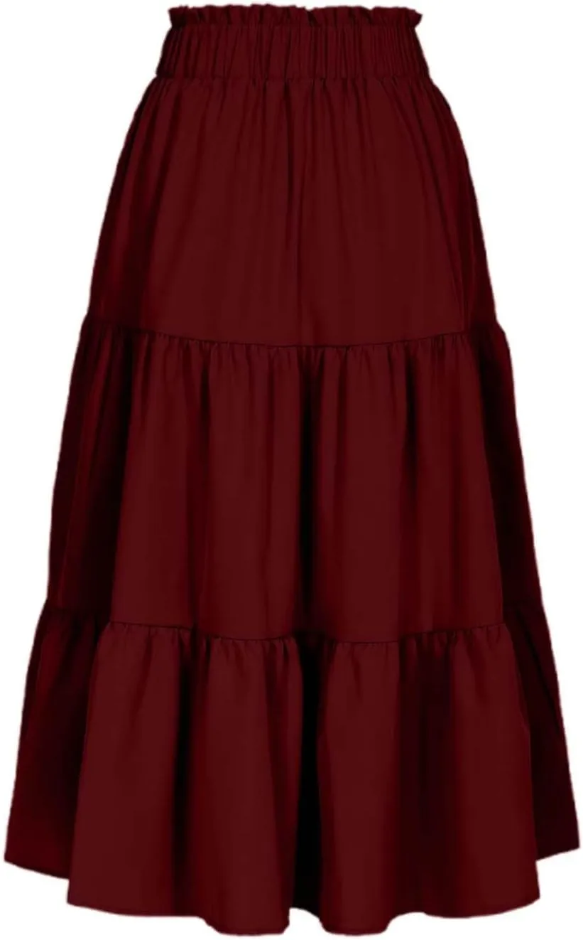 Womens Boho A Line Midi Skirt Pleated Elastic Waist Tiered Summer Casual Trendy Comfy Long Skirts