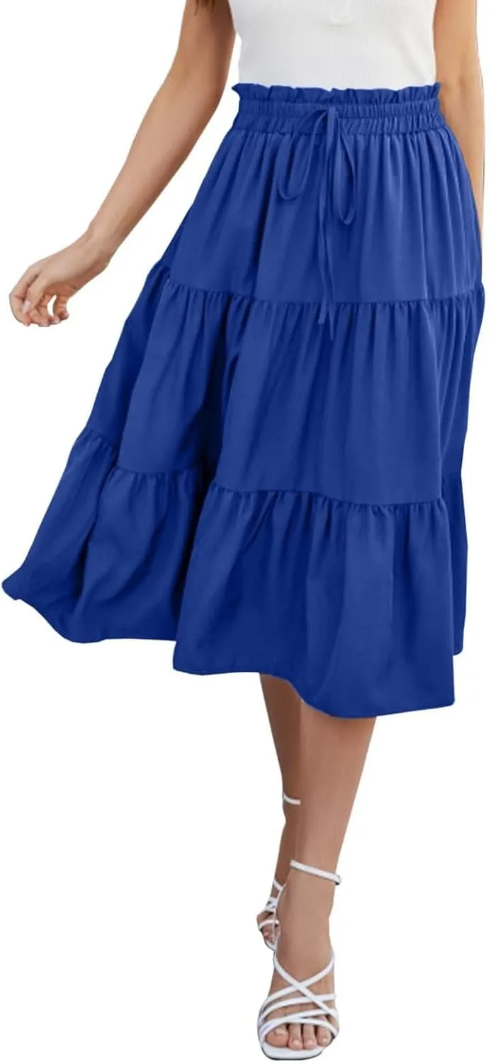 Womens Boho A Line Midi Skirt Pleated Elastic Waist Tiered Summer Casual Trendy Comfy Long Skirts