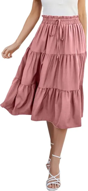 Womens Boho A Line Midi Skirt Pleated Elastic Waist Tiered Summer Casual Trendy Comfy Long Skirts