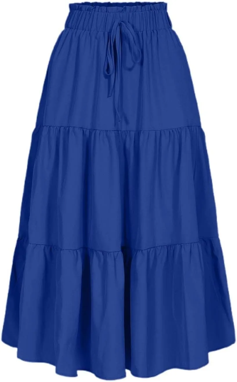 Womens Boho A Line Midi Skirt Pleated Elastic Waist Tiered Summer Casual Trendy Comfy Long Skirts