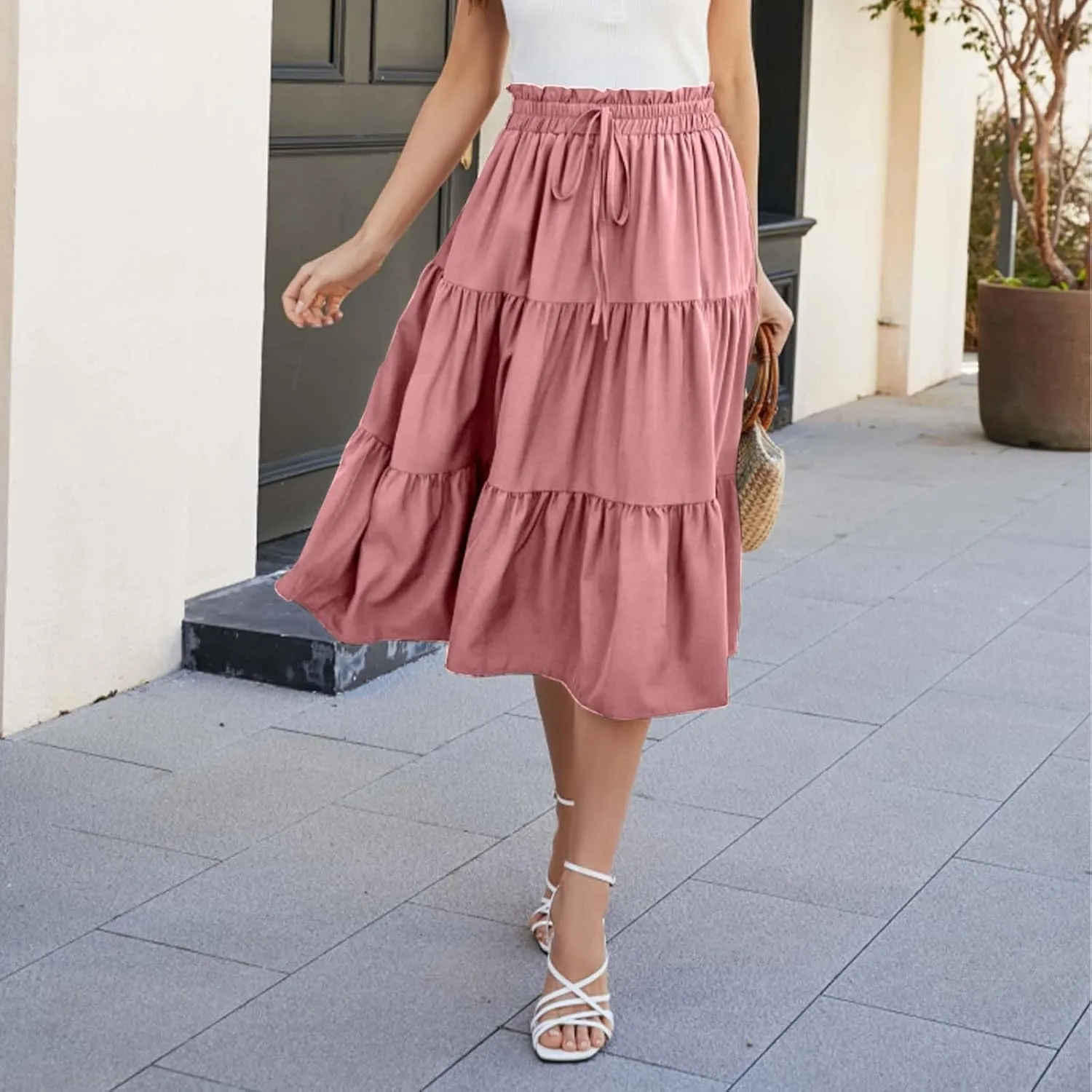 Womens Boho A Line Midi Skirt Pleated Elastic Waist Tiered Summer Casual Trendy Comfy Long Skirts