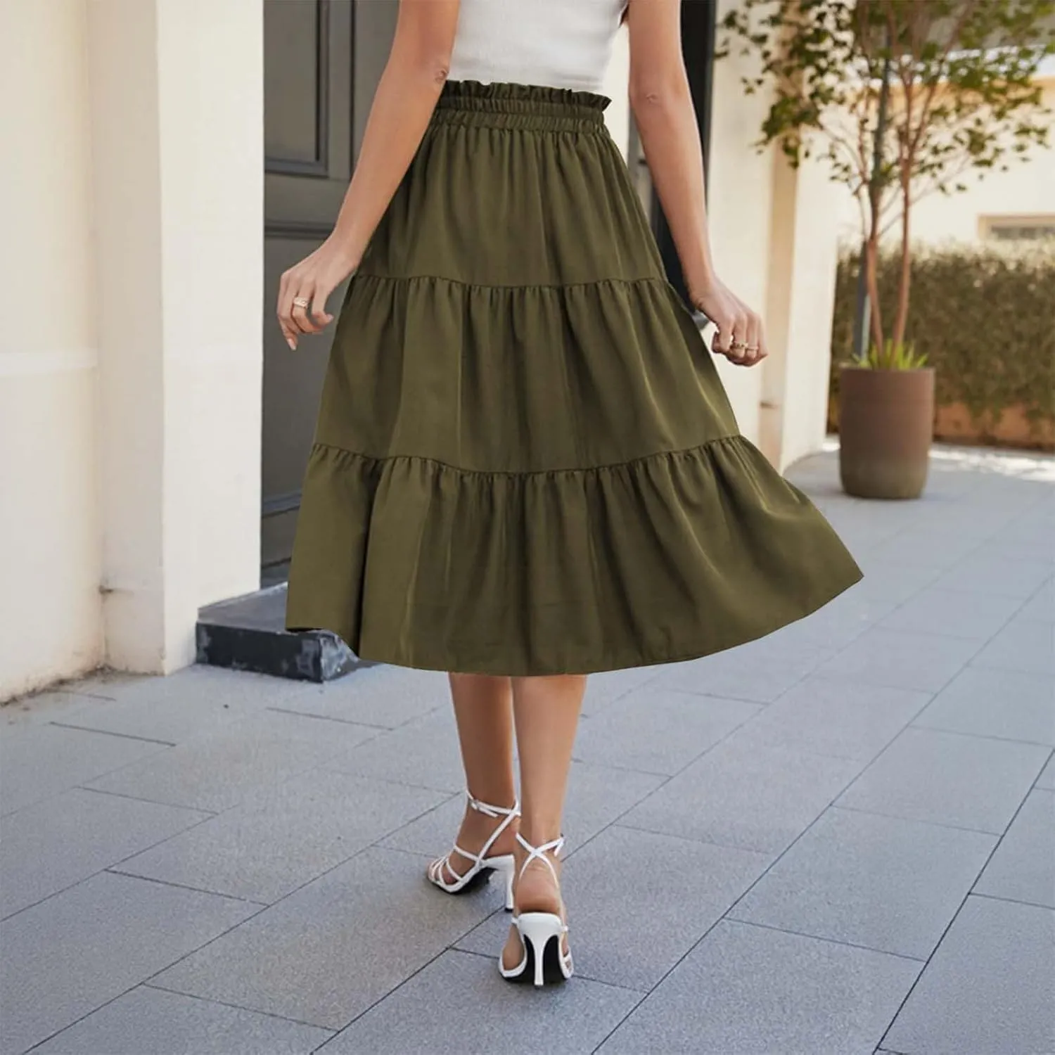 Womens Boho A Line Midi Skirt Pleated Elastic Waist Tiered Summer Casual Trendy Comfy Long Skirts