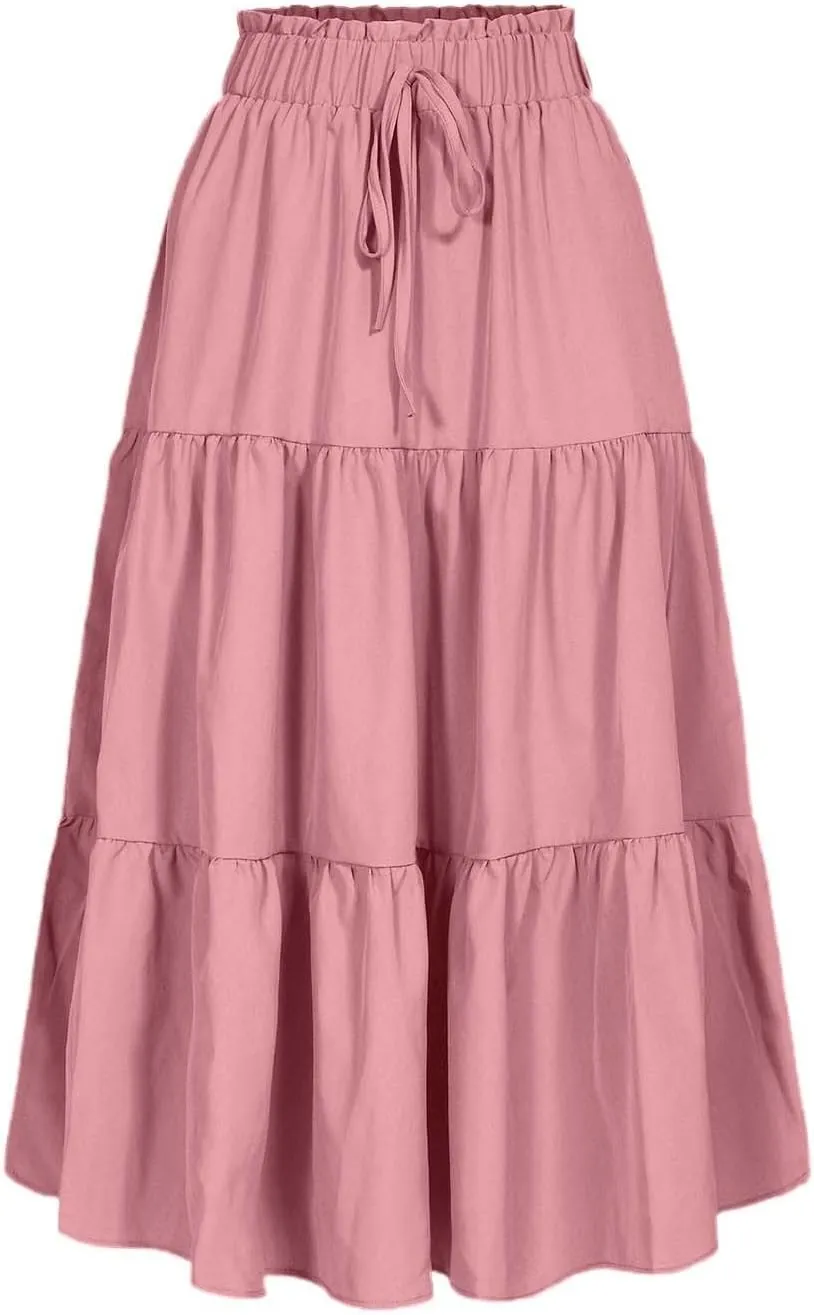 Womens Boho A Line Midi Skirt Pleated Elastic Waist Tiered Summer Casual Trendy Comfy Long Skirts
