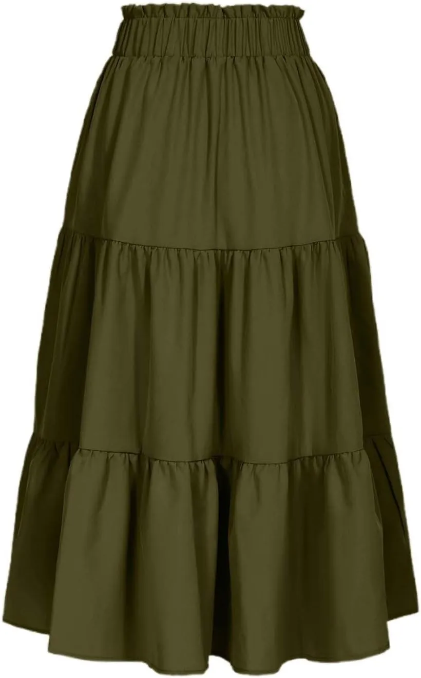Womens Boho A Line Midi Skirt Pleated Elastic Waist Tiered Summer Casual Trendy Comfy Long Skirts