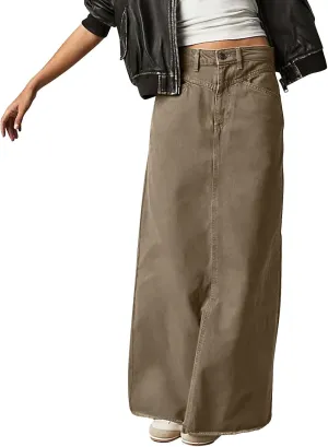 Women's Boho Skirts Summer Casual Loose Trendy Elastic Waist Solid Color Sun Beach Long Maxi Denim Skirt, S-XL