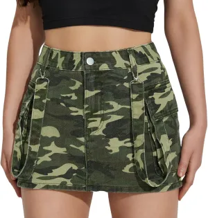 Womens Camo Denim Cargo Skirt High Waisted Button Mini Skirt Y2k Trendy Distressed Bodycon Jean Skirts with Pockets