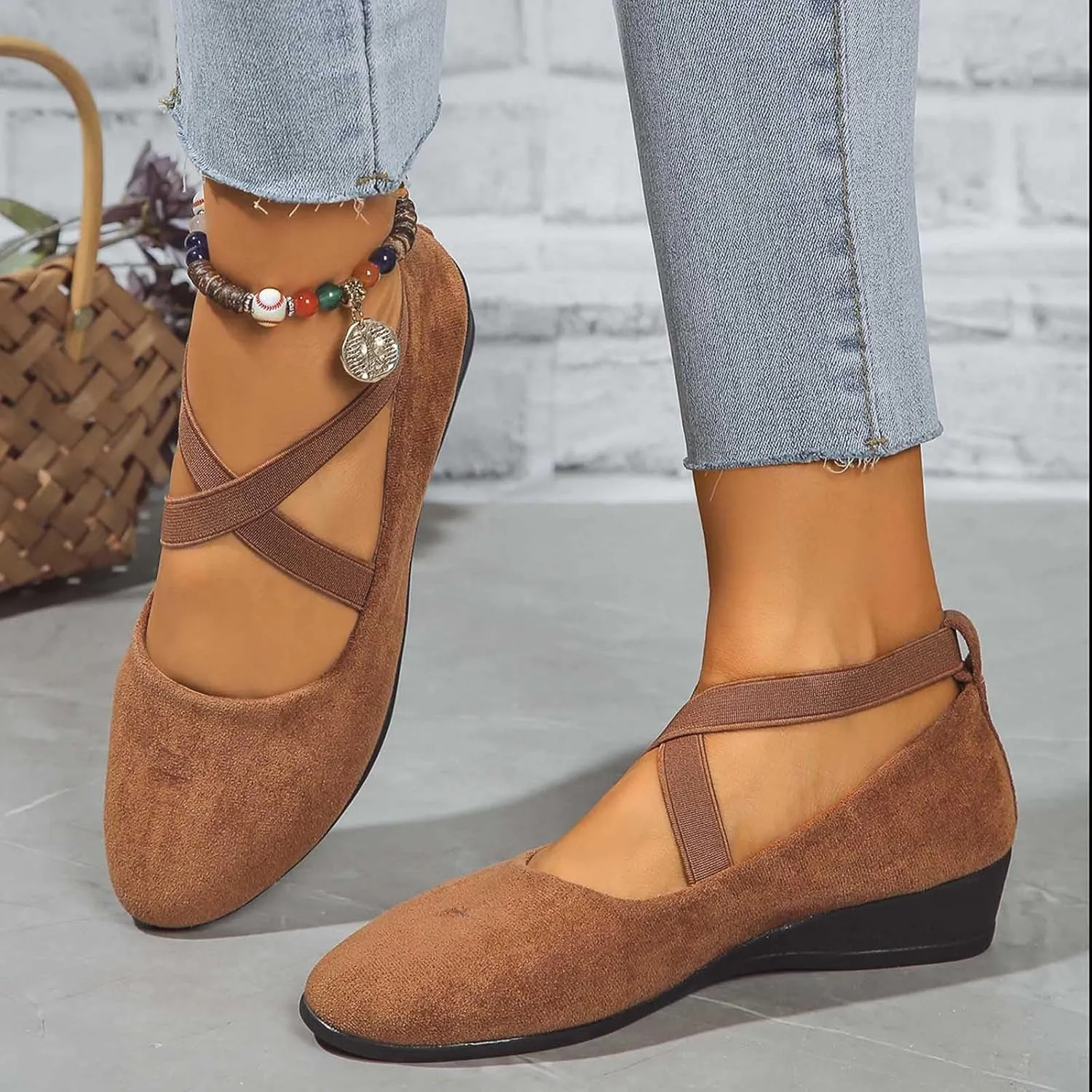 Women's Comfortable Fashion Elastic Ankle Straps Flats Shoes Pull-On Criss-Cross Ballet Girls Dress Little Gracy Mary Shoes Dressy Crisscross Strap Ballerina Flats Closed Toe Slip On Flat