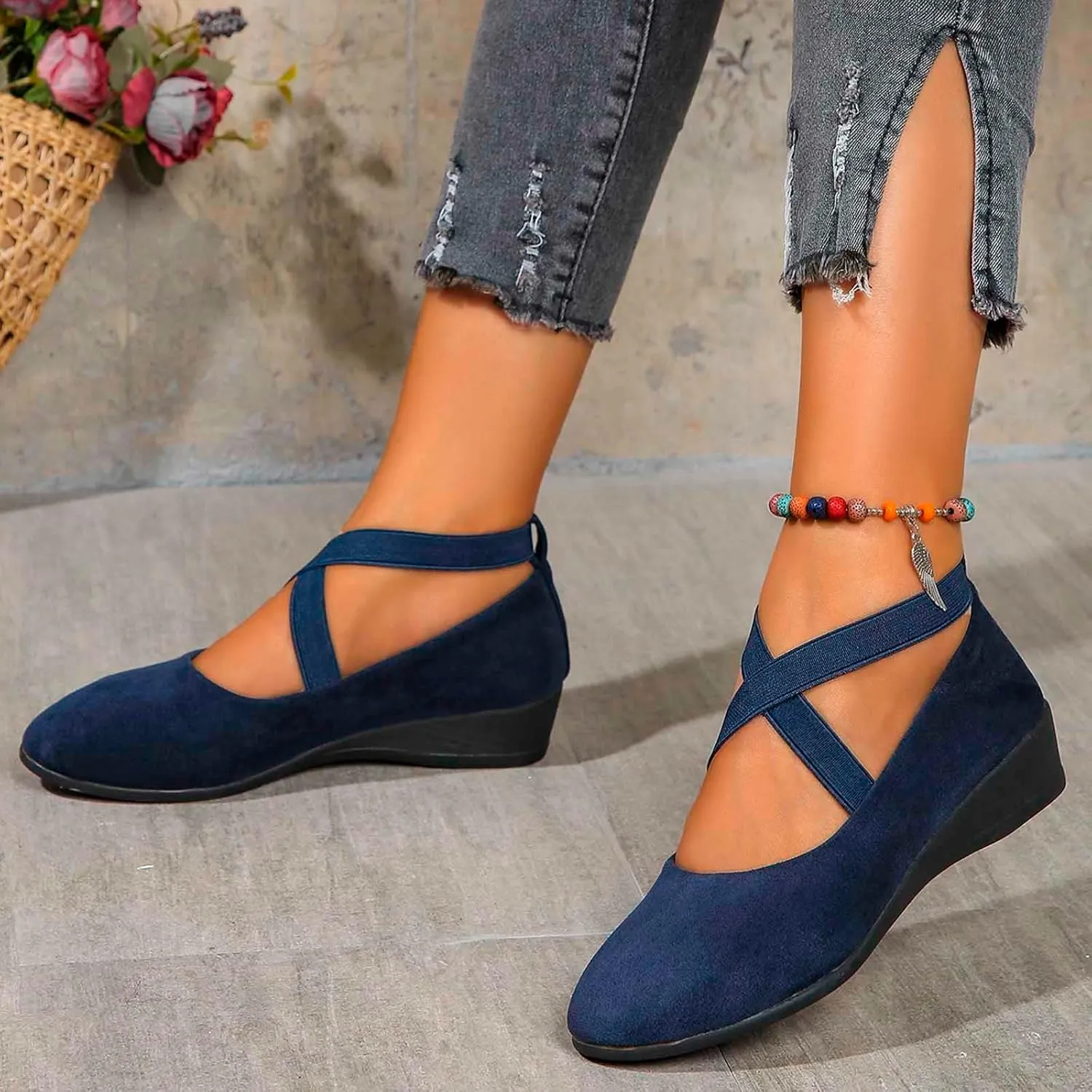 Women's Comfortable Fashion Elastic Ankle Straps Flats Shoes Pull-On Criss-Cross Ballet Girls Dress Little Gracy Mary Shoes Dressy Crisscross Strap Ballerina Flats Closed Toe Slip On Flat