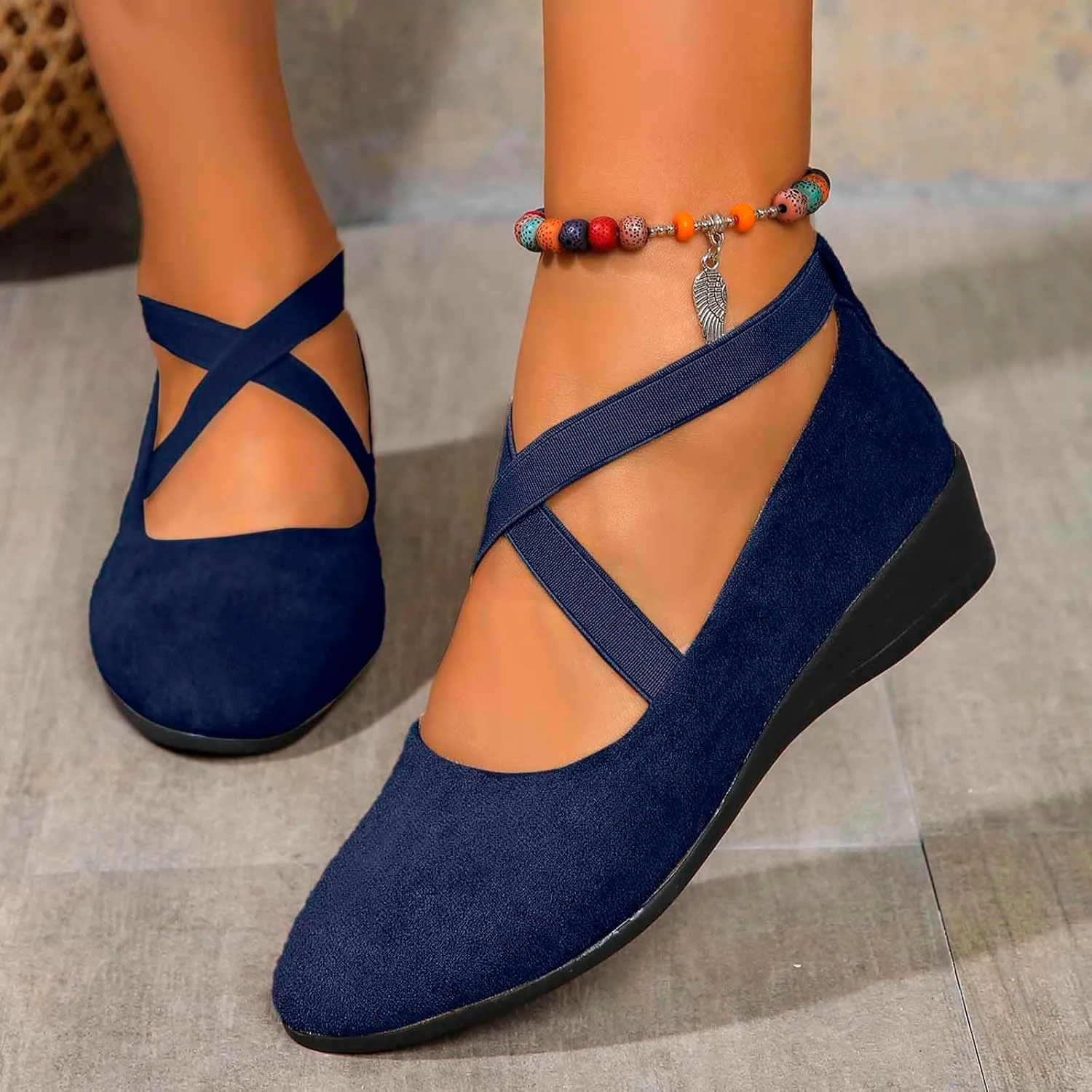 Women's Comfortable Fashion Elastic Ankle Straps Flats Shoes Pull-On Criss-Cross Ballet Girls Dress Little Gracy Mary Shoes Dressy Crisscross Strap Ballerina Flats Closed Toe Slip On Flat