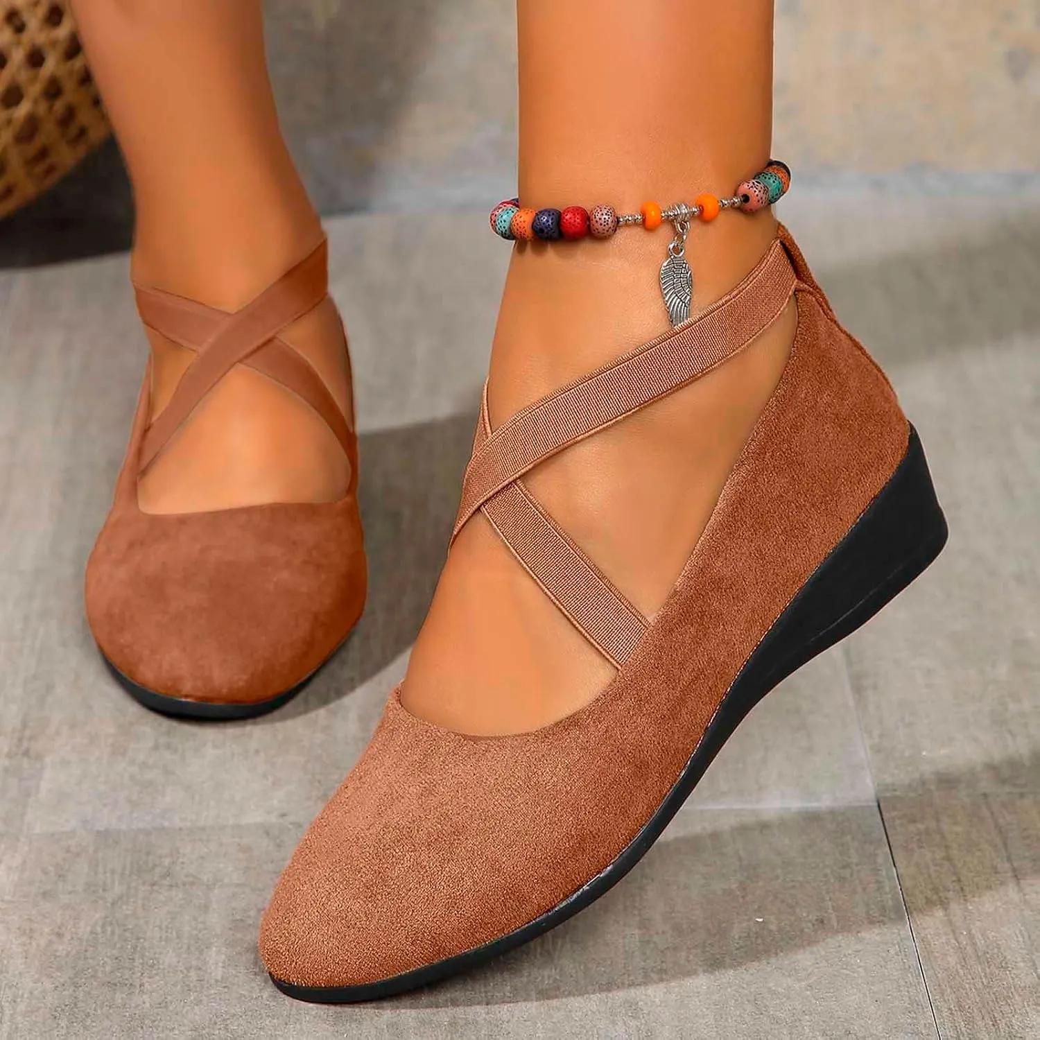 Women's Comfortable Fashion Elastic Ankle Straps Flats Shoes Pull-On Criss-Cross Ballet Girls Dress Little Gracy Mary Shoes Dressy Crisscross Strap Ballerina Flats Closed Toe Slip On Flat