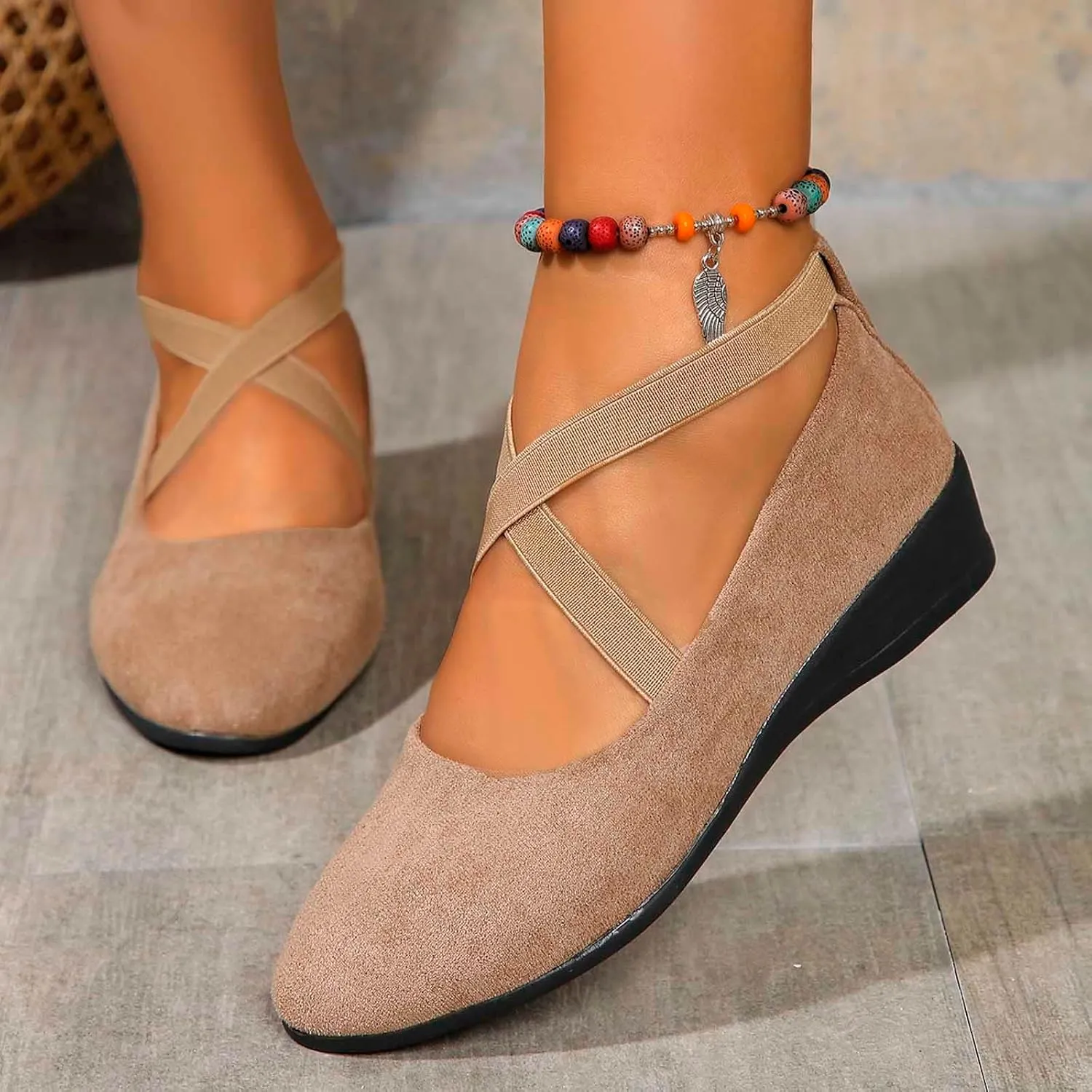 Women's Comfortable Fashion Elastic Ankle Straps Flats Shoes Pull-On Criss-Cross Ballet Girls Dress Little Gracy Mary Shoes Dressy Crisscross Strap Ballerina Flats Closed Toe Slip On Flat