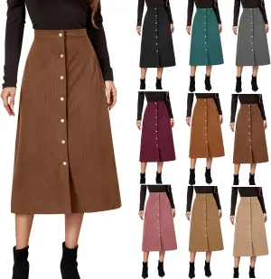 Womens Corduroy Long Skirts High Waist A-Line Vintage Corduroy Midi Skirt Button Front Straight Casual Fall Skirt