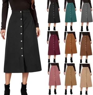 Womens Corduroy Long Skirts High Waist A-Line Vintage Corduroy Midi Skirt Button Front Straight Casual Fall Skirt