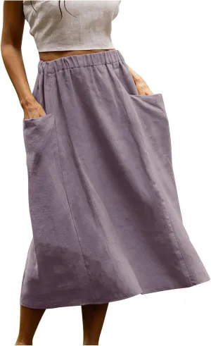 Women's Cotton Linen Skirts Casual Loose Fit Solid Color Elastic High Waisted Flare A-Line Midi Skirts with Pockets