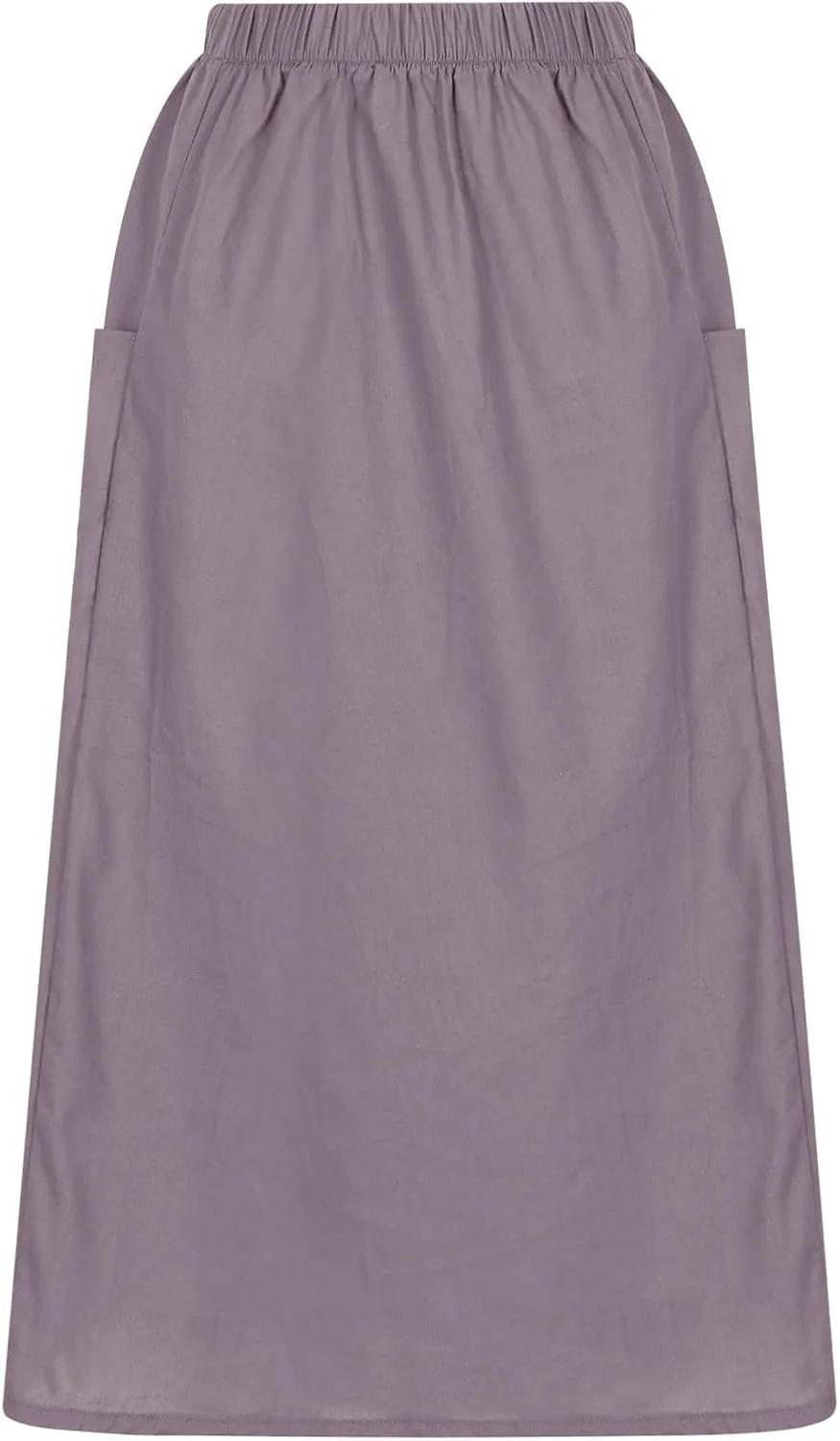 Women's Cotton Linen Skirts Casual Loose Fit Solid Color Elastic High Waisted Flare A-Line Midi Skirts with Pockets