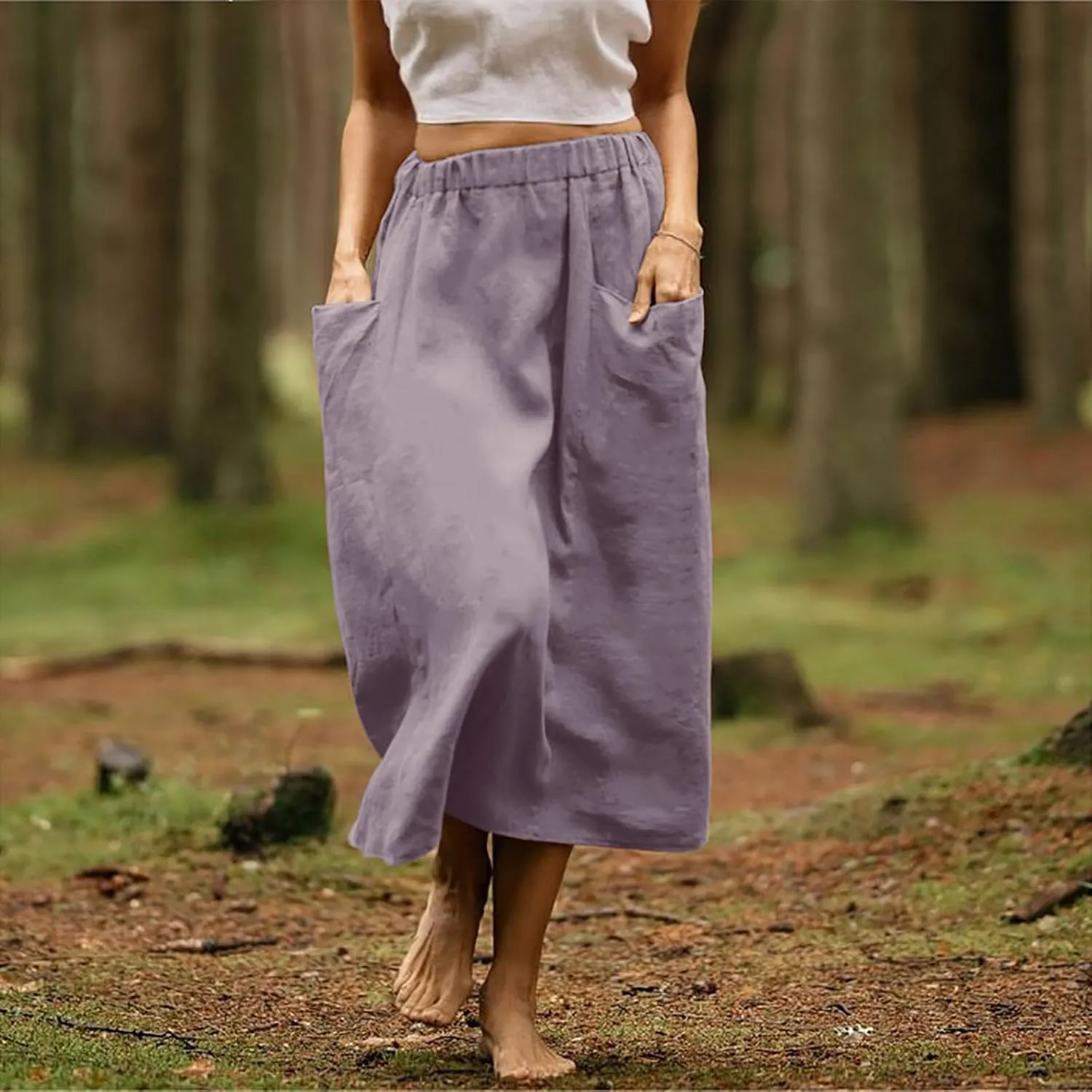 Women's Cotton Linen Skirts Casual Loose Fit Solid Color Elastic High Waisted Flare A-Line Midi Skirts with Pockets