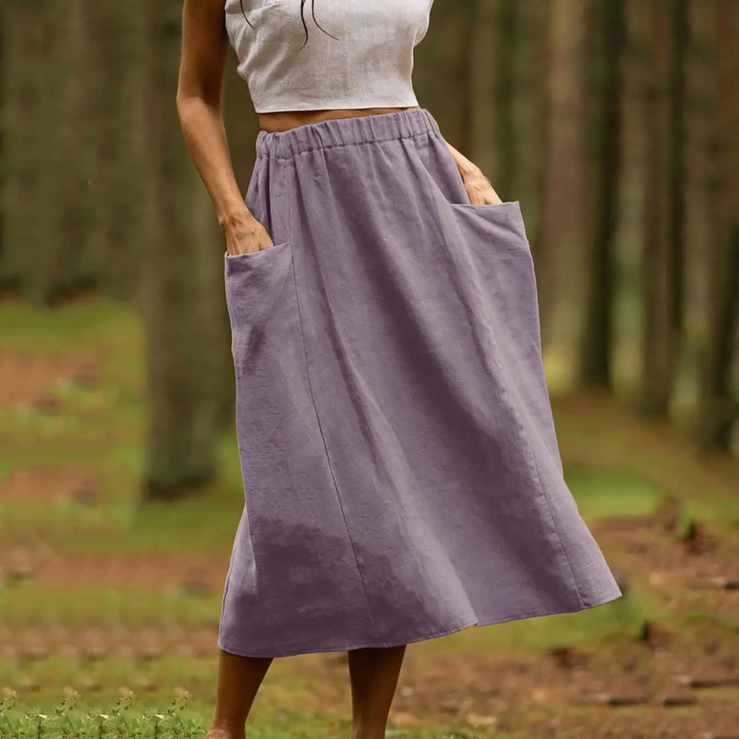 Women's Cotton Linen Skirts Casual Loose Fit Solid Color Elastic High Waisted Flare A-Line Midi Skirts with Pockets