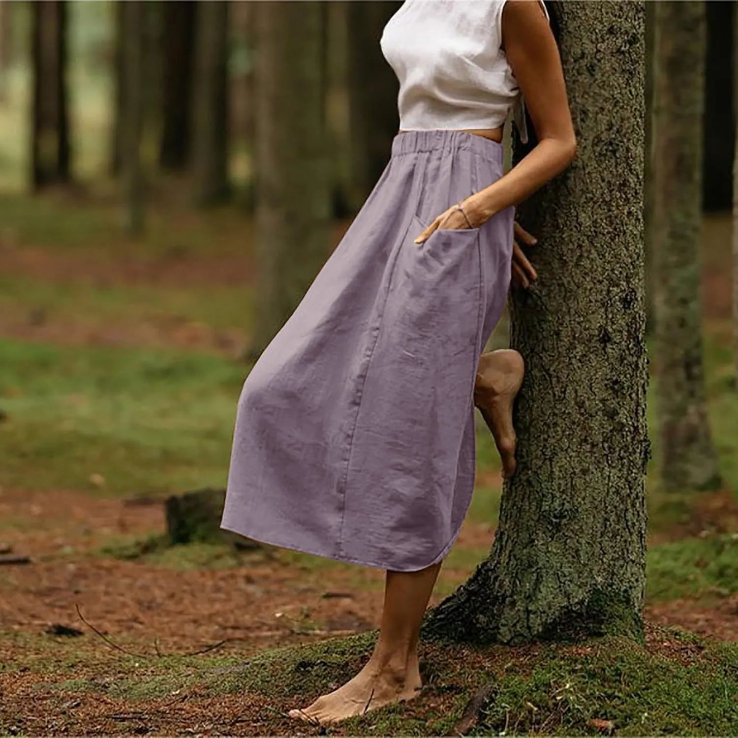 Women's Cotton Linen Skirts Casual Loose Fit Solid Color Elastic High Waisted Flare A-Line Midi Skirts with Pockets
