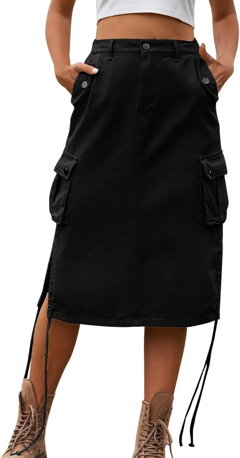 Women's Denim lace up Tooling Skirt Casual mid Length Skirt Pencil Skirts for Women Knee Length Long (b-Black, XL)