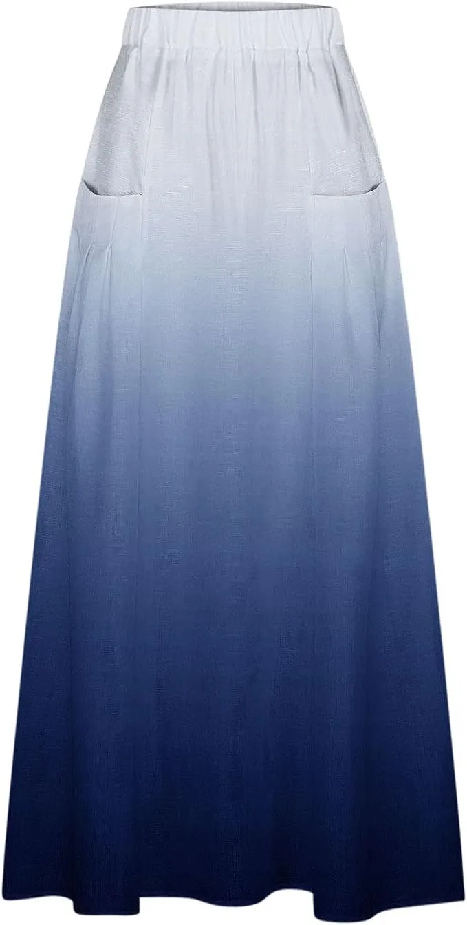 Women's Elastic High Waist Skirts Plus Size Tie-dye Gradient Color Block A-Line Pleated Long Maxi Skirts with Pocket