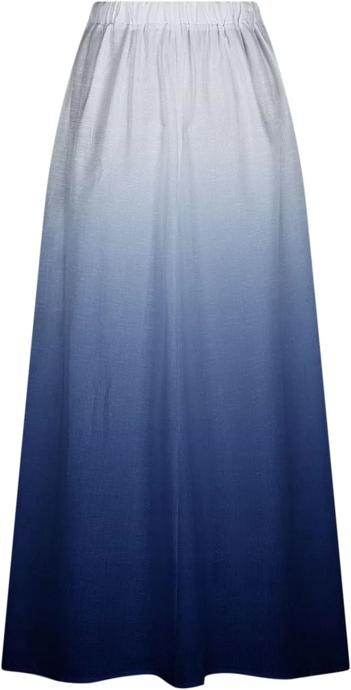 Women's Elastic High Waist Skirts Plus Size Tie-dye Gradient Color Block A-Line Pleated Long Maxi Skirts with Pocket