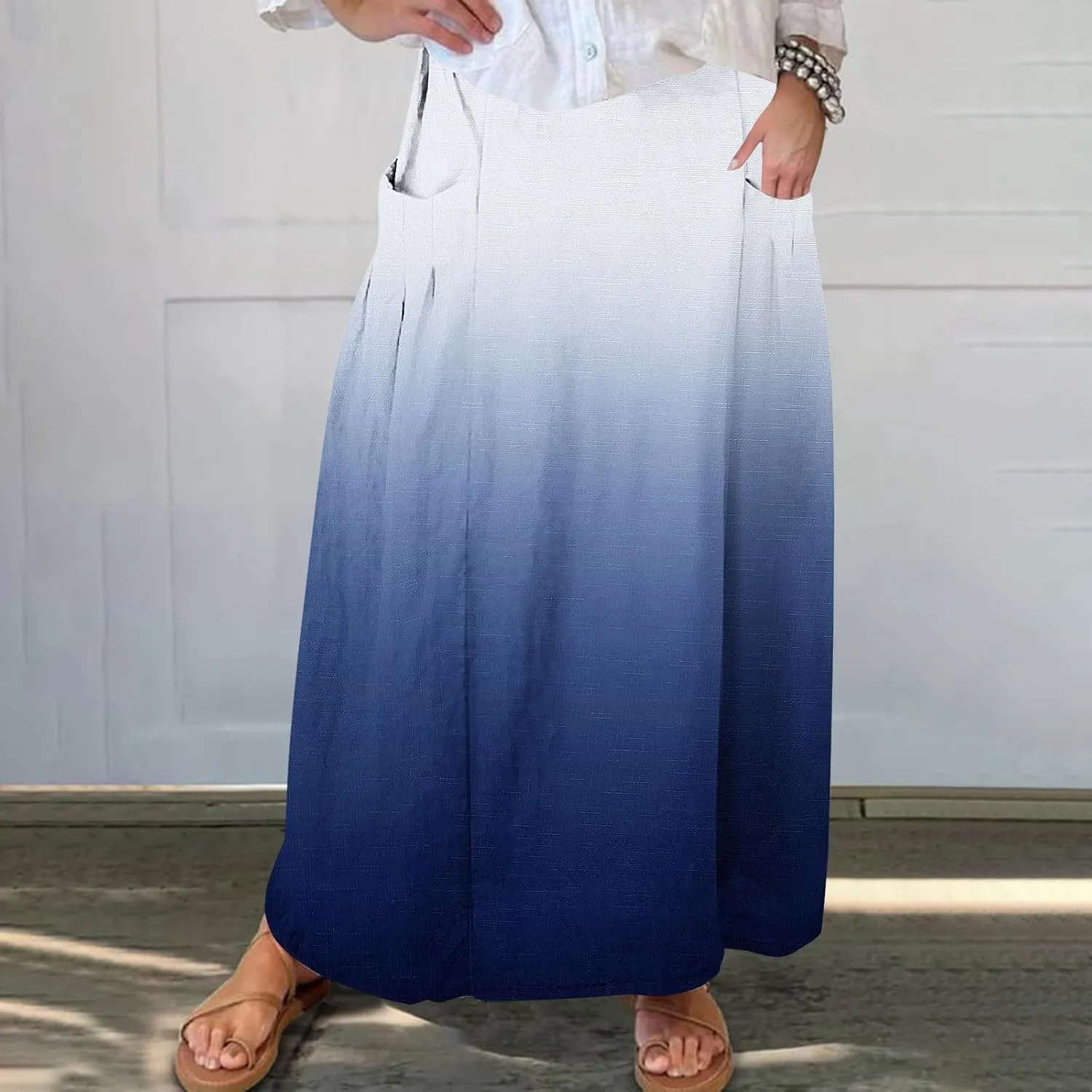 Women's Elastic High Waist Skirts Plus Size Tie-dye Gradient Color Block A-Line Pleated Long Maxi Skirts with Pocket