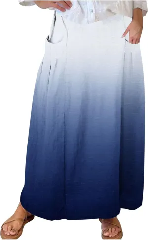 Women's Elastic High Waist Skirts Plus Size Tie-dye Gradient Color Block A-Line Pleated Long Maxi Skirts with Pocket