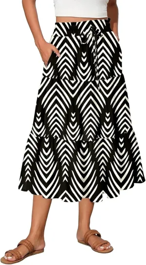 Women's Floral Midi Skirt with Pockets High Elastic Waist Flowy Ruffle Casual Summer Boho Aline Skirts