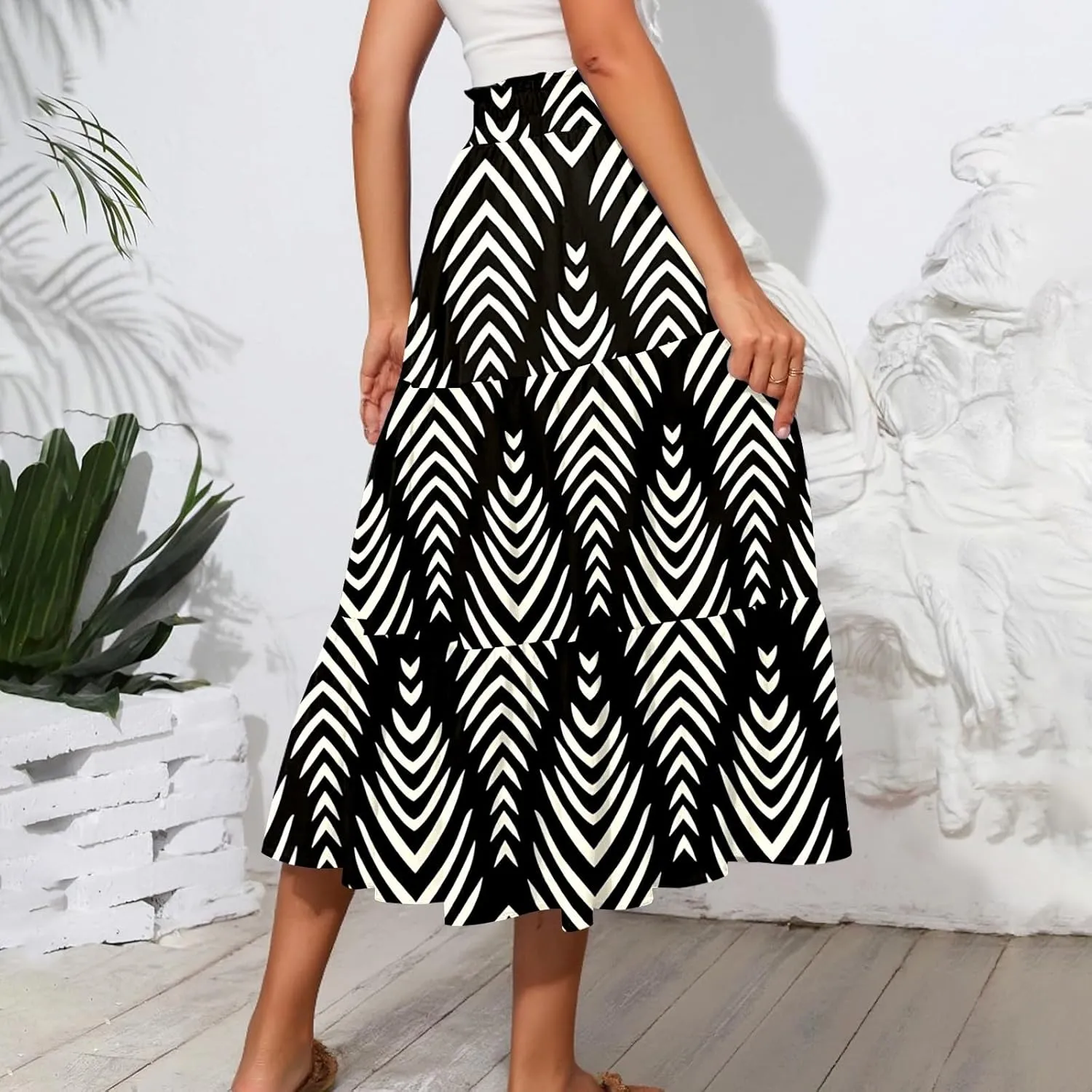 Women's Floral Midi Skirt with Pockets High Elastic Waist Flowy Ruffle Casual Summer Boho Aline Skirts