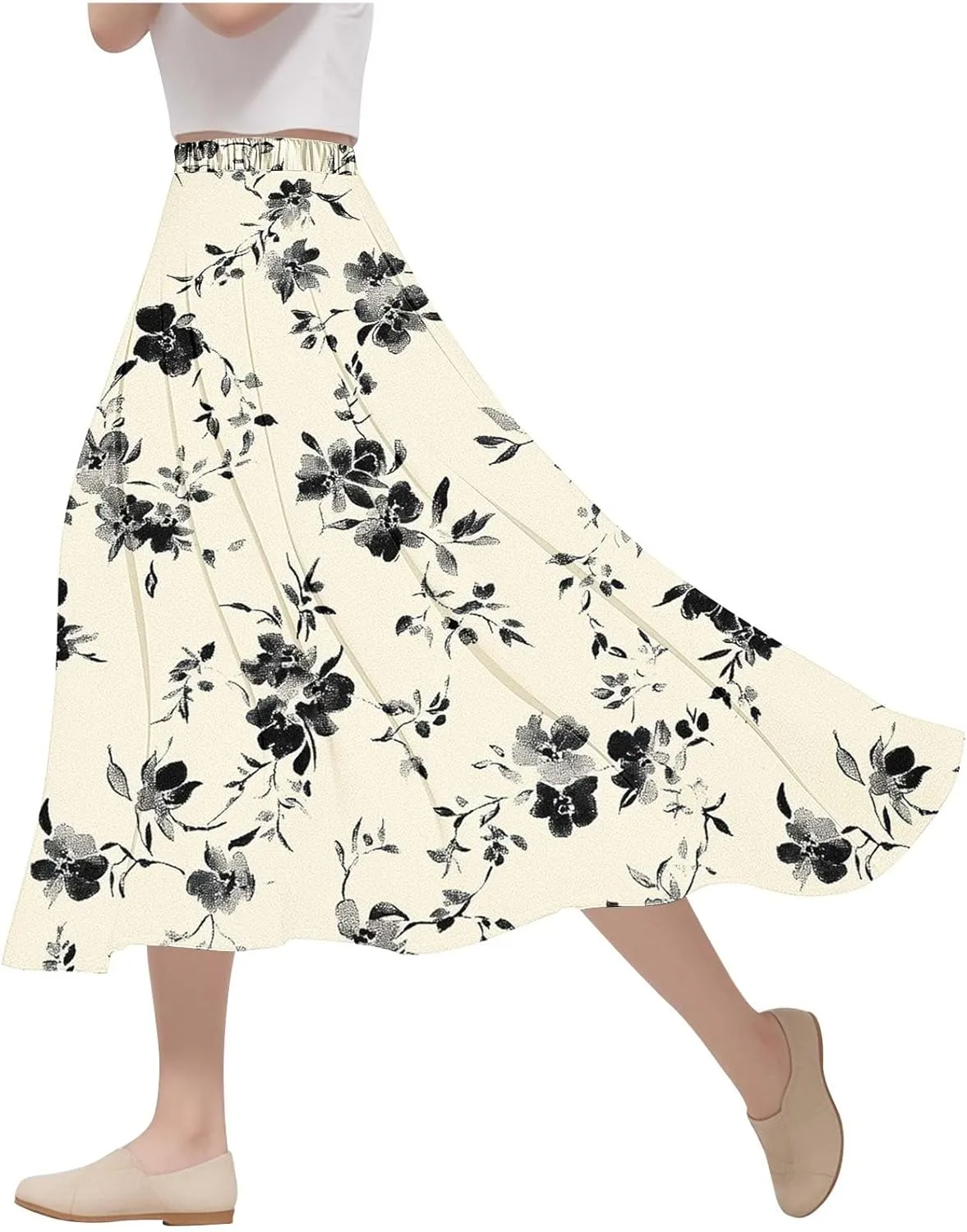 Women's Floral Print Skirts with Pockets Flowy High Waist A Line Skirt Ruffle Midi Length Summer Beach Shirts 2025