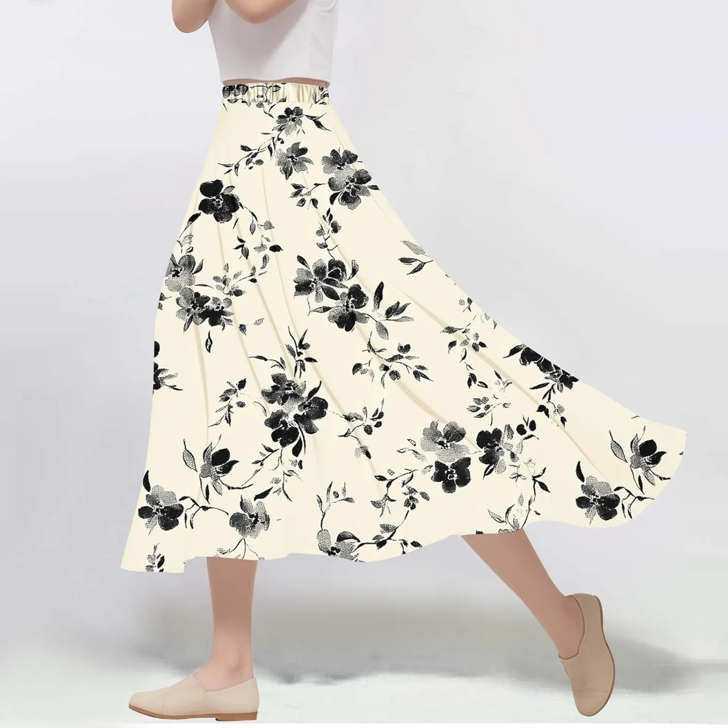Women's Floral Print Skirts with Pockets Flowy High Waist A Line Skirt Ruffle Midi Length Summer Beach Shirts 2025