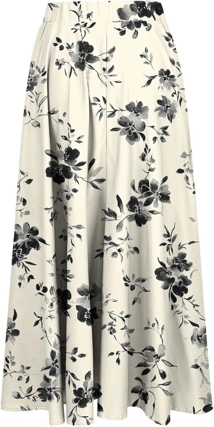 Women's Floral Print Skirts with Pockets Flowy High Waist A Line Skirt Ruffle Midi Length Summer Beach Shirts 2025