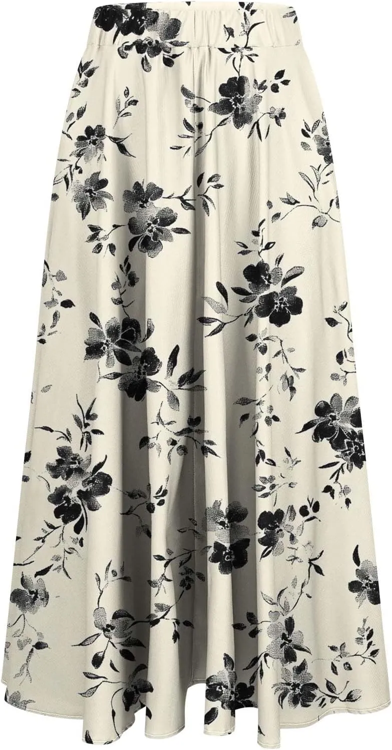 Women's Floral Print Skirts with Pockets Flowy High Waist A Line Skirt Ruffle Midi Length Summer Beach Shirts 2025